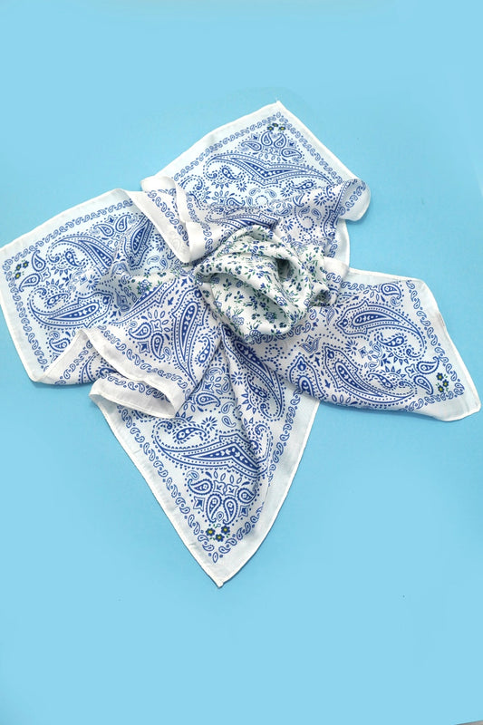 Blue Floral Satin Scarf