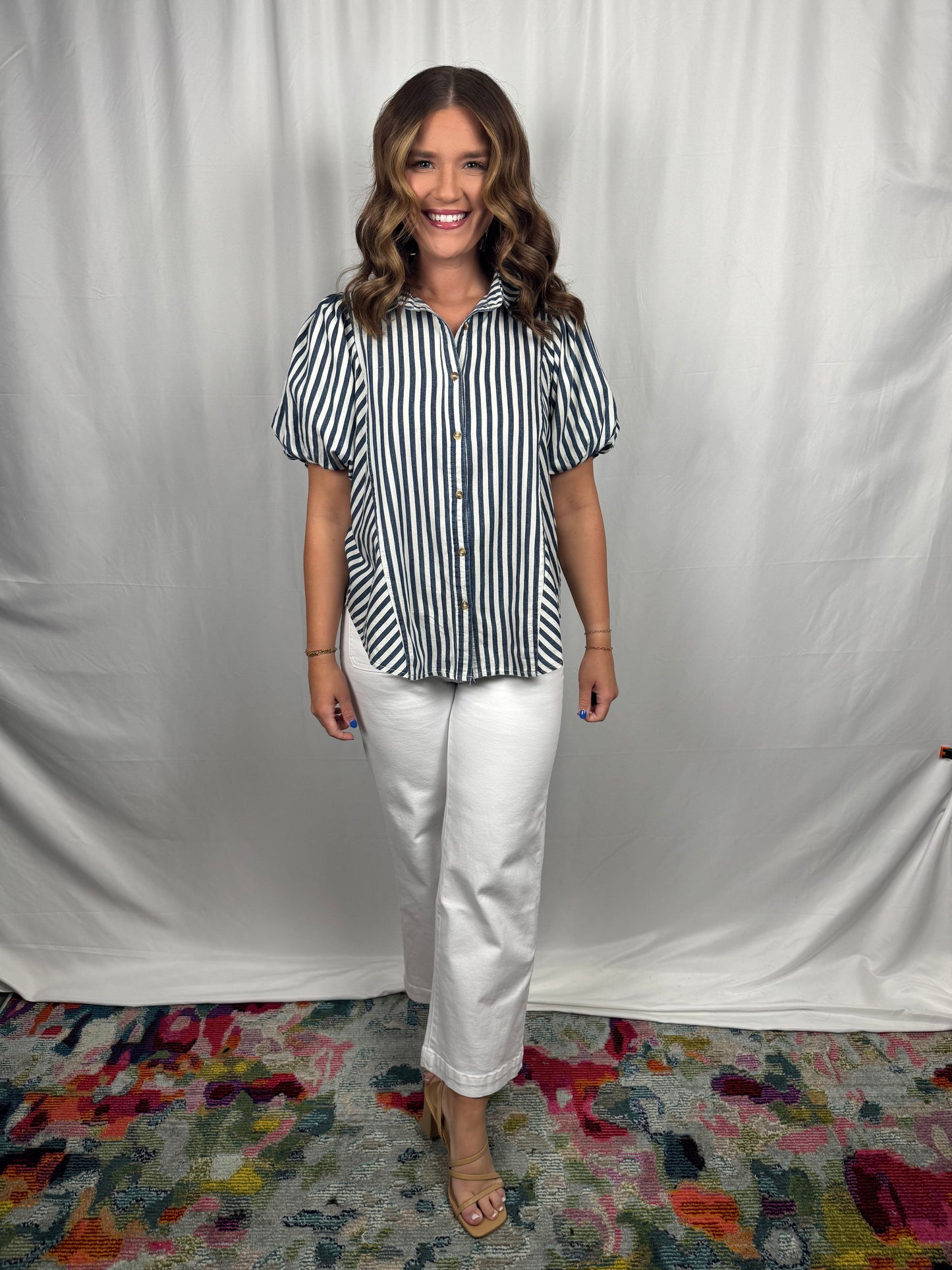 Bubble Sleeve Striped Top