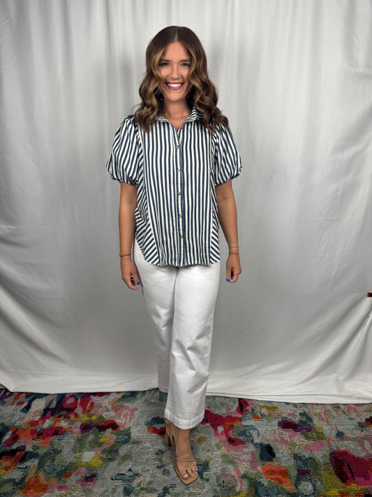 Bubble Sleeve Striped Top